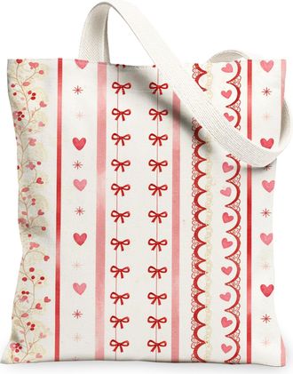 Generic ValentineS Day Floral Canvas Tote Bags, Heart Pattern Reusable Bags, Vintage Chic Lightweight Washable Shoulder Strap Canv, Red, 13x15 Inch