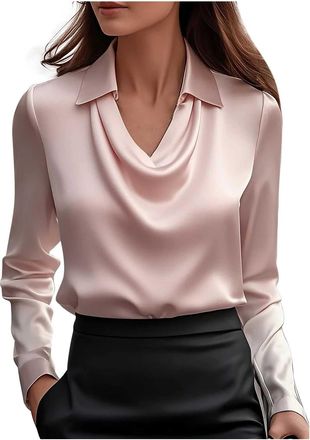 Generic Keepink Womens Long Sleeve Tops Elegant Cowl Neck Satin Blouse Dressy Business Casual Office Work Silk Shirt Elegant Ladies Tunic Top Loose Comfy Shir