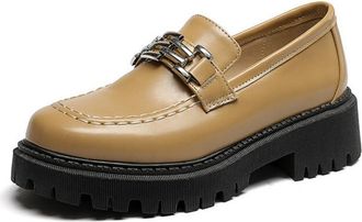 Generic Womens Closed Round Toe PU Leather Loafers Block Heel Platform Shoes Slip on Office Dress Shoes with Metal Chain,Yellow,4.5 UK