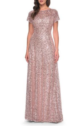 La Femme Stunning Beaded Gown with Short Sleeves in Mauve at Nordstrom, Size 10