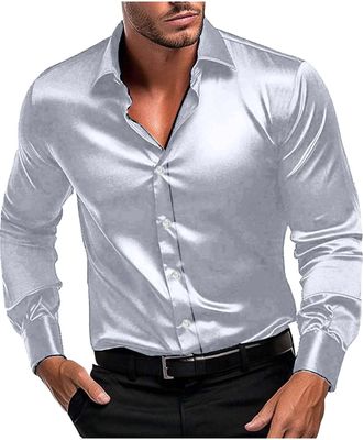 Generic Mens Shirts Vintage Casual Solid Color Dancing Party Button Down Shirt Fashion Turn Down Collar Long Sleeve Shirt Comfortable Feasting Celebrating Lap