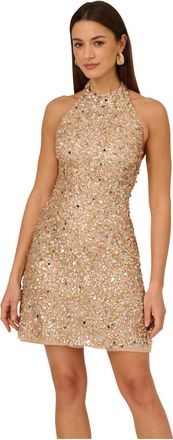 Adrianna Papell Womens Beaded Halter Short Dress - Blush - Size 16 UK