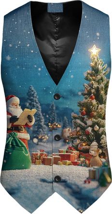 Generic Mens Christmas Holiday Funny Waistcoat Vest Mens Fun Xmas Tree Snowflake Party Dress Vest Suit Festival Christmas Party Waistcoat V Neck Sleeveless Sl