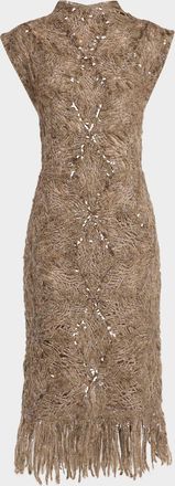 Brunello Cucinelli Frosty Sequined Wool-Cashmere Fringe Midi Dress