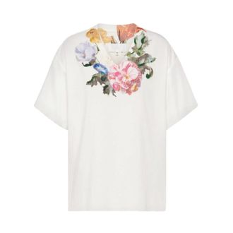 Maison Margiela T-Shirts, female, White, Size: XS Jersey T-Shirt with Painted Floral Motif