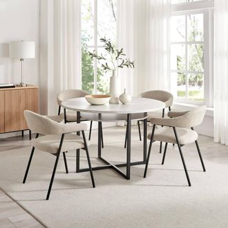 Furniturebox Adley Round Concrete Effect Dining Table 4 Delos Fabric Chairs in Beige