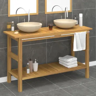 vidaXL Tocador De Ba&ntilde;o Madera Maciza De Teca Con Lavabos M&aacute;rmol Crema Vidaxl