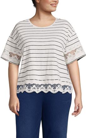 Lands End Plus Size Short Sleeve Slub Jersey Eyelet T-Shirt in Ivory/black Fine Stripe at Nordstrom, Size 2X
