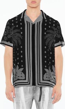 Cult of Individuality Border Print Short Sleeve Cotton Button-Up Shirt in Black Retro at Nordstrom Rack, Size Xx-Large
