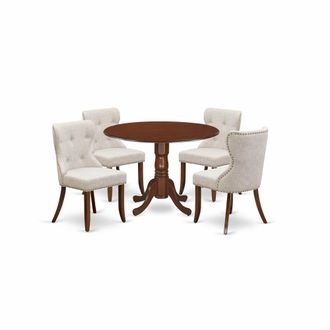 East West Furniture A dining room table set of 4 amazing kitchen chairs using Linen Fabric Doeskin color and an attractive two 9 drop leaf round wooden table