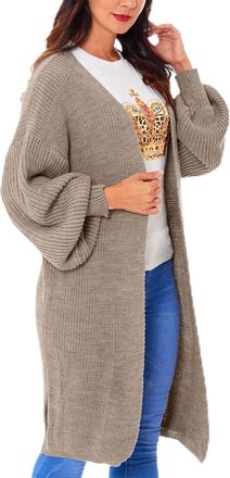 Generic Womens Chunky Knitted Longline Cardigan - Open Front Balloon Sleeve Maxi Coatigan with Pockets, Oversized Winter Sweater (UK, Numeric, 8, 20, Regular,