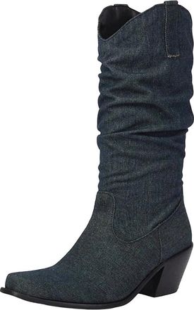 Generic Womens Mid Calf Denim Boots Square Toe Block Heel Casual Party Footwear