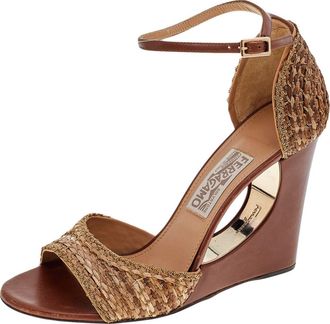 Ferragamo Brown/beige Woven Straw Chain Embellishment Sandals