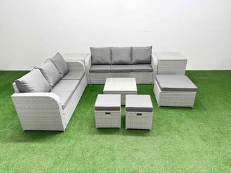 Fimous Outdoor Garden Furniture Sets 9 Seater Wicker Rattan Furniture Sofa Sets w/ Square Coffee Table high Back Lounge Sofa 3 Stools 2 Side Table