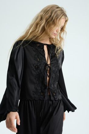 H&M Tie-front satin blouse in Black at Nordstrom, Size Large