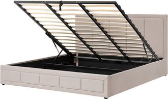 Beliani Cama Con Almacenaje Minimalista Cabecero Tapizado Tela Base Elevable Con Somier De L&aacute;minas Dise&ntilde;o Acolchado Gris Pardo 180 X 200 Cm Quiberon