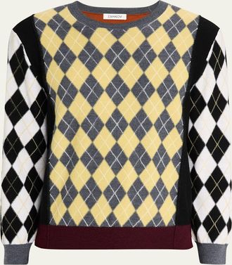 Zankov Mens Merino Wool Color-Block Argyle Crewneck Sweater