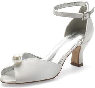 Generic Low Heels Wedding Open Toe Kitten Heel Sandals Heels Wedding Shoes Bridal Shoes Satin Prom Party Dress High Heel 6.5Cm,Ivory,10 UK