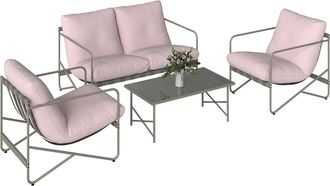 OEM Conjunto De Jard&iacute;n Exterior De 4 Piezas Con Sof&aacute; De 2 Plazas 2 Sillones Mesa De Vidrio Templado Cojines Gruesos Rosa