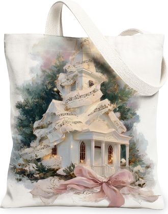 Generic Christmas Church Canvas Tote Bags, Elegant Holiday Design Reusable Grocery Bags, Vintage Winter Lightweight Washable Should, White, 13x15 Inch