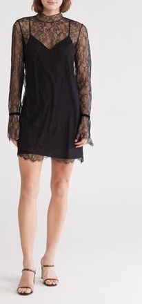 Frame Denim Semisheer Long Sleeve Lace Shift Dress in Black at Nordstrom Rack, Size Medium