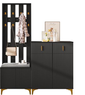 STILVORA Mueble De Entrada Con Banco Zapatero Con 2 Cajones Y 2 Puertas Y Perchero De Pared Con 6 Ganchos, Negro