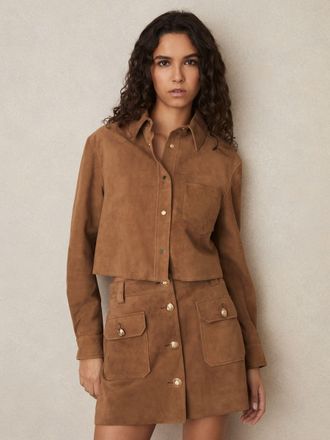 Reiss Tan Suede Press-stud Cropped Shirt, 10