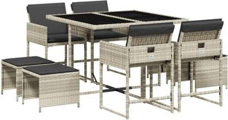 vidaXL Vidaxl - Set Comedor De Jard&iacute;n 9 Pzas Cojines Rat&aacute;n Sint&eacute;tico Gris Claro