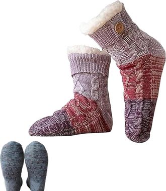 Generic Knitted Ultra-thick Slipper Home Socks, Non-Slip and Fluffy Warm Winter Socks, Tri-color Patchwork Cashmere Sock for Women (PURPLE)