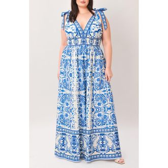 Flying Tomato Tie Strap Smocked Waist Cotton Maxi Dress in Ivory Blue at Nordstrom Rack, Size 2 X