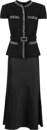 Self Portrait Vestido Midi de Sat&eacute;n con Adorno de Cristal Boucl&eacute; - Dresses - Mujer - Negro - XL