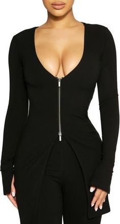 Naked Wardrobe Zip Front Rib Cardigan in Black at Nordstrom Rack, Size X-Small