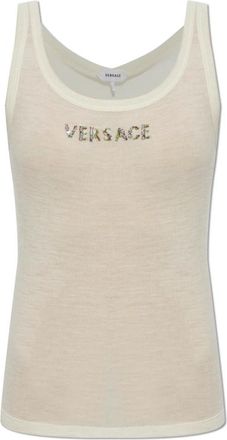Versace Geborduurd Ribgebreid Tanktop van Wol - Dames - Tops zonder mouwen - Beige - L - Wol - Tops