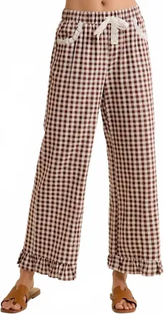 So Me Gingham & Lace Ruffle Pant In Brown