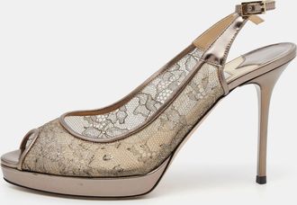 Jimmy Choo London Metallic Brown Lace Dahlia Peep Toe Pumps