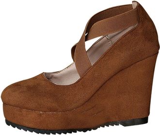 Generic Brown Womens Flocked Wedge Pumps with Round Toe and Stable Heel for Casual and Dressy Occasions