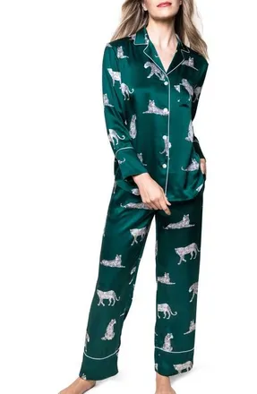 Petite Plume Panthre de Nuit Piped Mulberry Silk Pajamas in Green at Nordstrom, Size X-Large