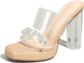 Generic Eestfy Womens Clear Platform Block Heel Mules Slip-On Square Toe Sandals Transparent Upper Wide Fit Summer Daily Wear PVC Casual Mules,Nude 7CM,4.5 UK