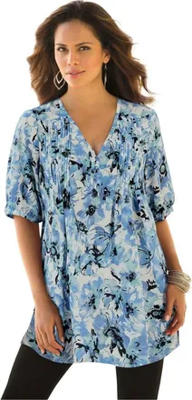 Roaman's Printed Y Neck Georgette Top in Blue Dreamy Floral at Nordstrom, Size 16