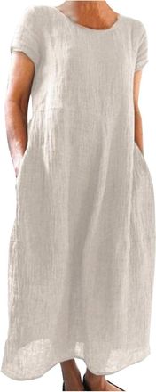 Generic Womens Dress Summer Linen Dresses Casual V Neck Midi Dress Short Sleeve A-line Dresse Womens Summer Dresses Casual Short Sleeve Round Neck Midi A Line