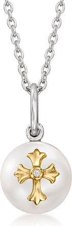 Ross-Simons 8.5-9mm Cultured Pearl Cross Pendant Necklace With Single Diamond in 14kt Yellow Gold and Sterling Silver