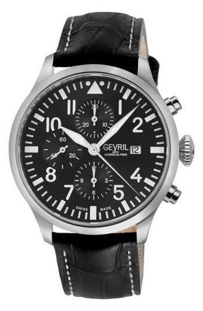 Gevril Group Vaughn Automatic Chronograph Leather Strap Watch, 44mm in Black at Nordstrom Rack