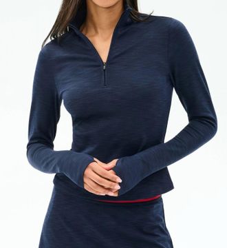 SPLITS59 Stevie Active Rib Half Zip Waist Length Top In Heather Indigo