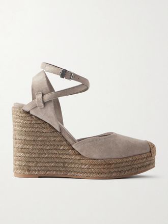 Brunello Cucinelli Sandali Espadrillas In Camoscio Con Zeppa E Decorazione - Grigio