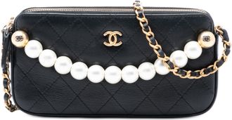 Chanel Black Quilted Goatskin Chic Pearls Double Zip Clutch With Chain