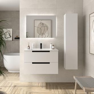 Cygnus Bath Mueble De Ba&ntilde;o Leni 80cm Blanco Mate 2 Cajones Lavabo 1 Poza Porcelana