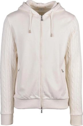 Eleventy White Cable-Knit Sleeves Wool-Cashmere Zip Sweatshirt