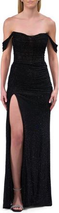 La Femme Off the Shoulder Rhinestone Net Jersey Evening Dress in Black at Nordstrom, Size 12