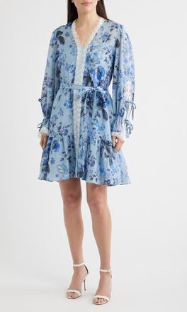 Kobi Halperin Beli Tie Waist Long Sleeve Dress in Powder Blue Multi at Nordstrom, Size Xx-Large