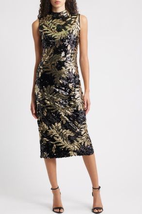 Anne Klein Floral Sequin Mock Neck Midi Dress in Anne Black/Gold at Nordstrom, Size 14
